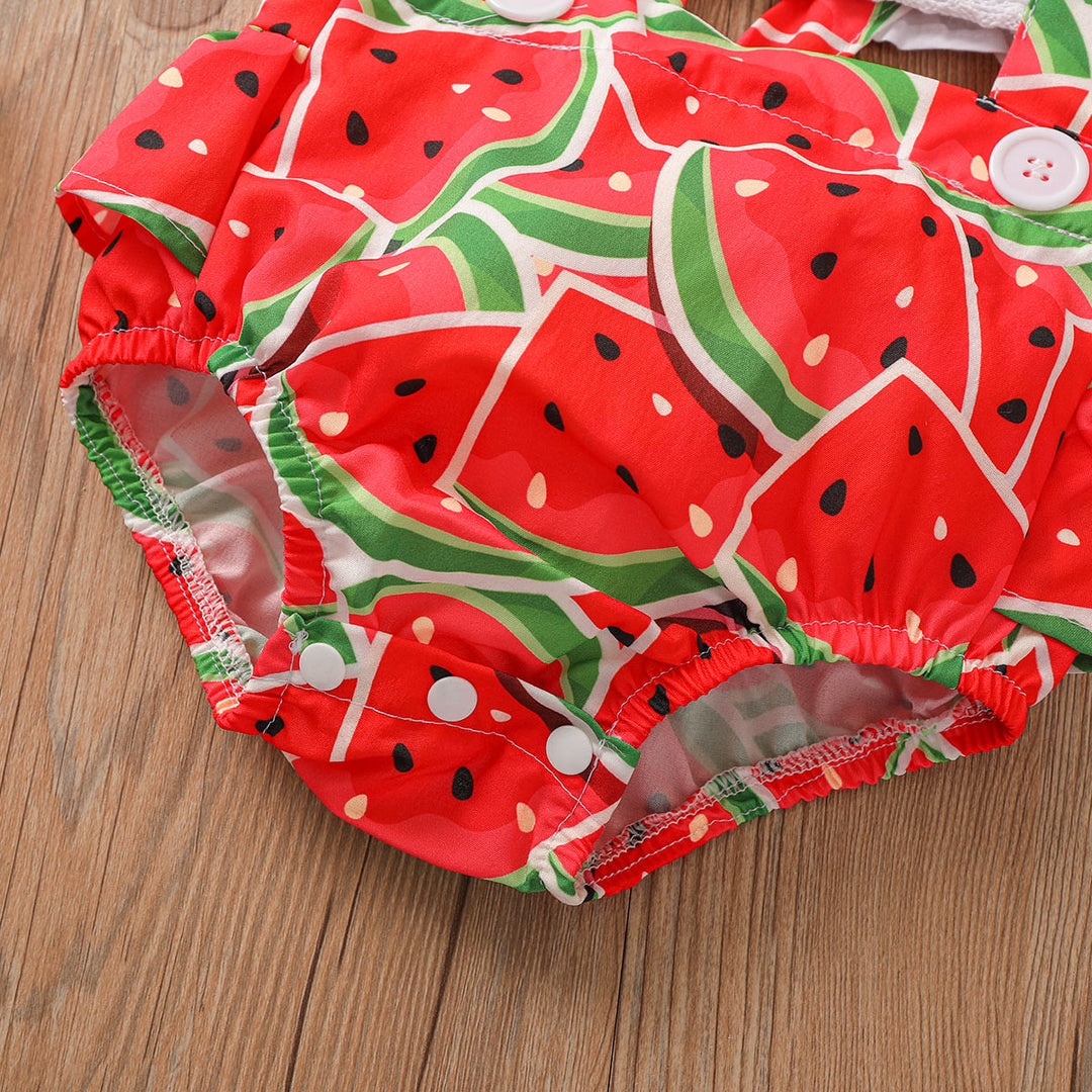 Girls Summer Ruffle Sleeves Suspender Fruit Print Onesie With Headband