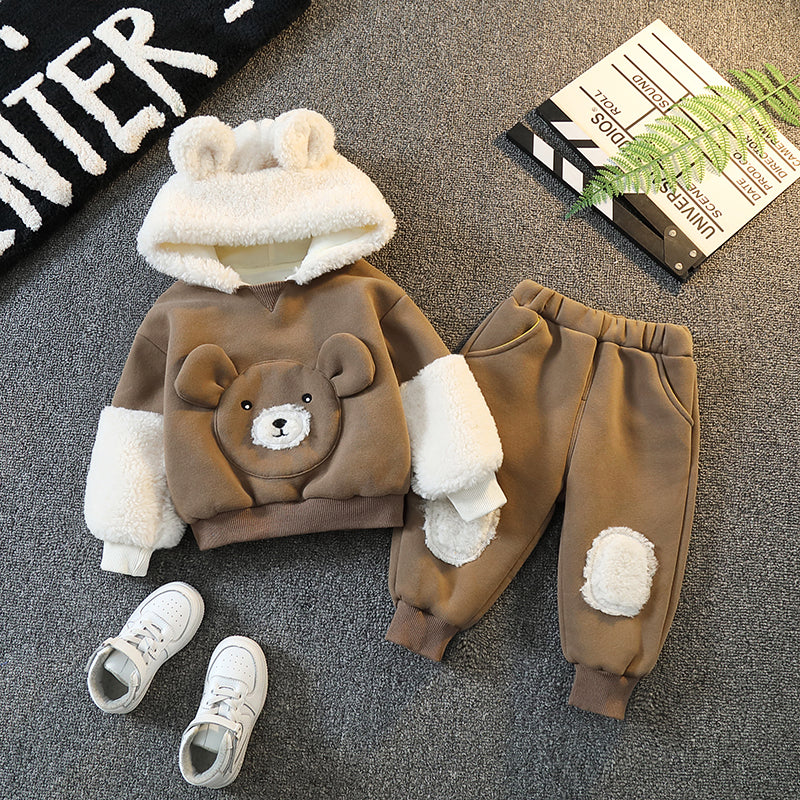 Cuddly Bear Fur Hoodie Sweatshirt and Matching Joggers Set for Kids