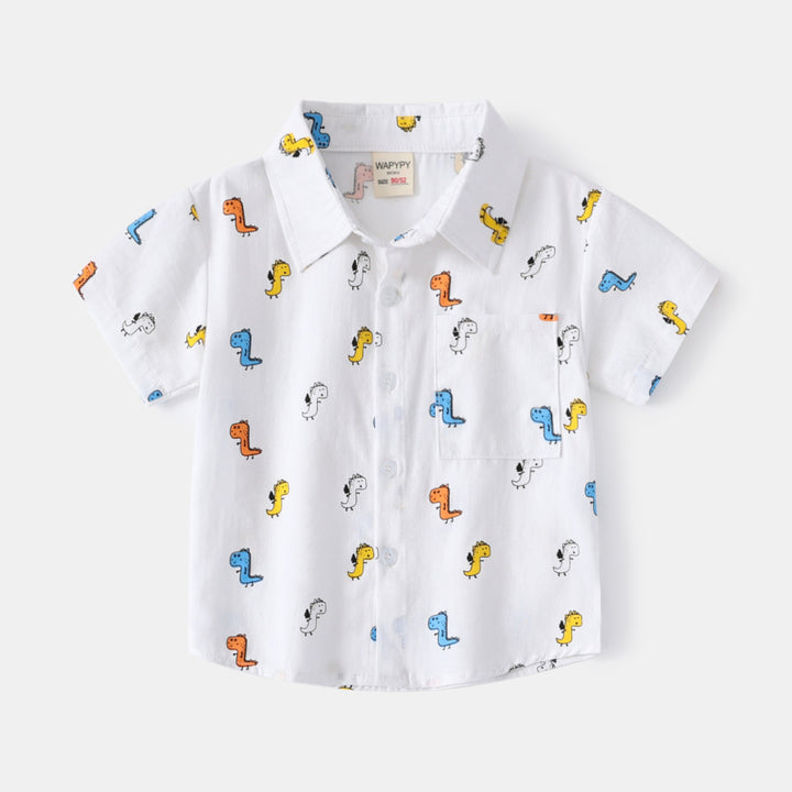 "Whimsical White: Kids' Dino Print Shirt for Dino-Loving Adventures