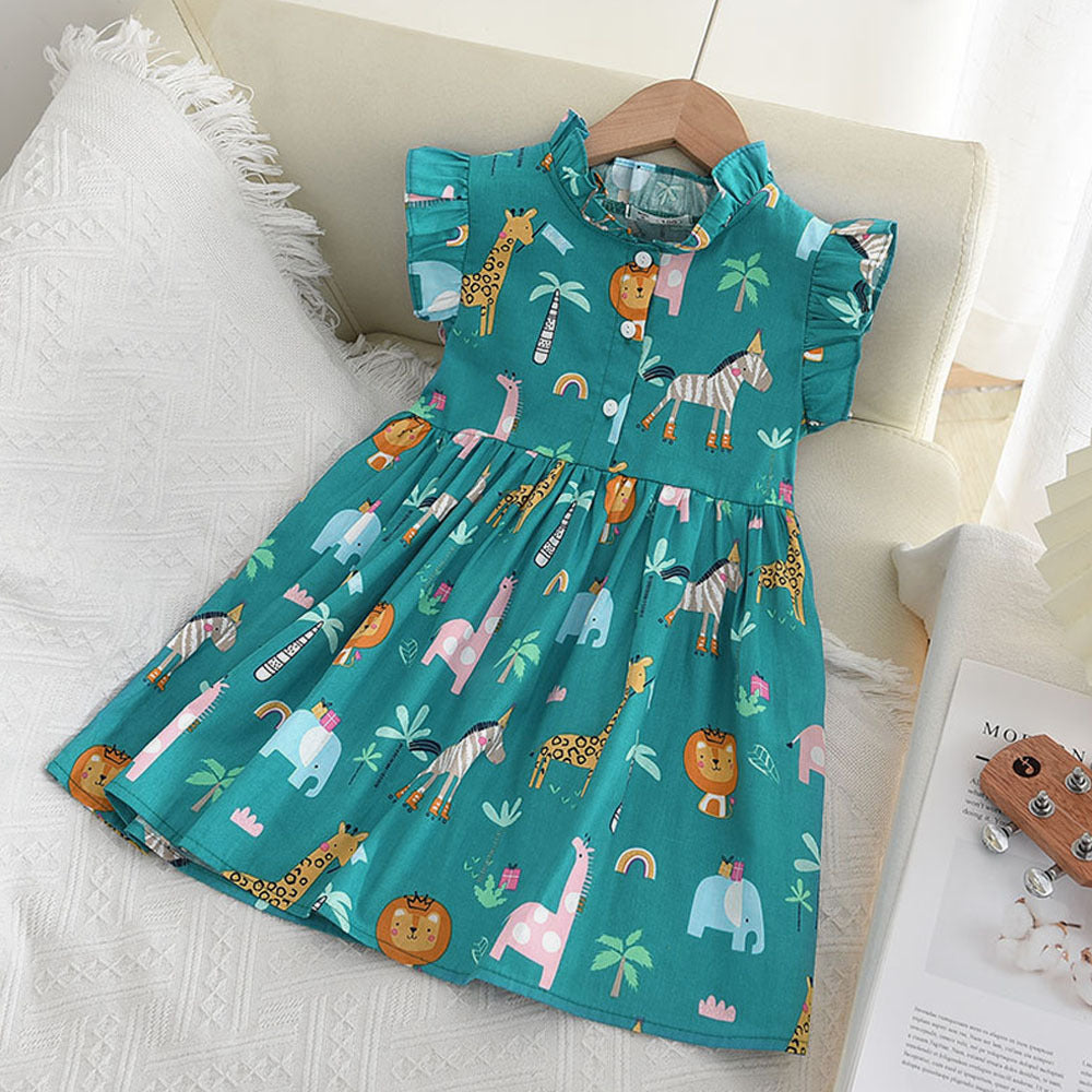 Safari Animal Print Flutter Dress for Girls - Front View