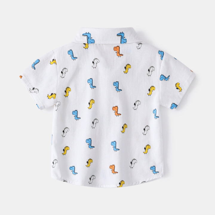 "Whimsical White: Kids' Dino Print Shirt for Dino-Loving Adventures