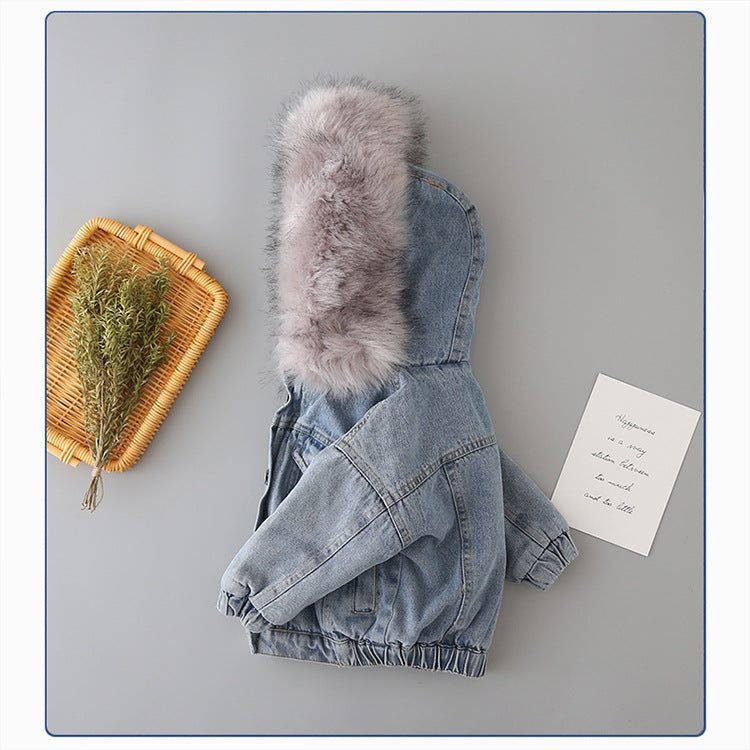 Elevate Their Style and Warmth: Kids' Denim Jacket with Detachable Fur Hoodie