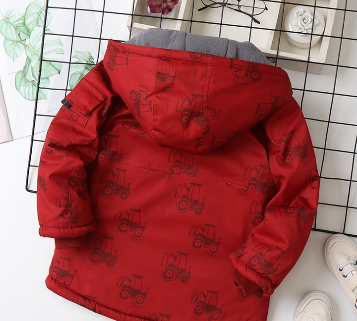 Rev Up the Fun: Tractor Print Coat-Style Jacket with Hoodie for Boys