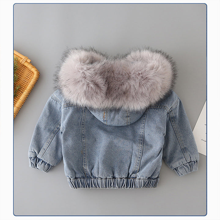 Elevate Their Style and Warmth: Kids' Denim Jacket with Detachable Fur Hoodie