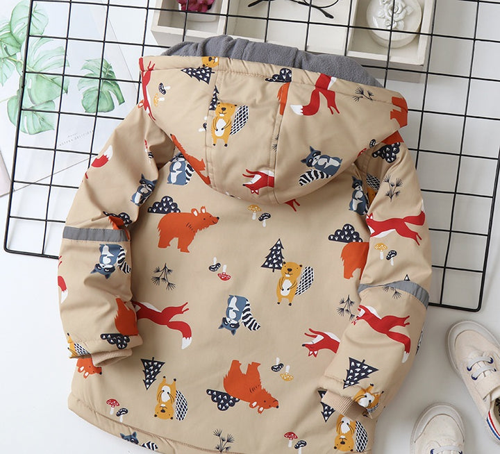 Forest Friends: Fox and Bear Print Hooded Coat Jacket for Kids