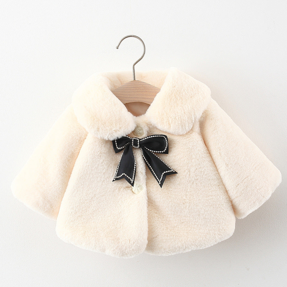 Winter Warm Cape Coat with Faux Fur and Bow knot Decor