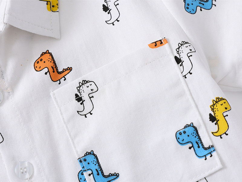 "Whimsical White: Kids' Dino Print Shirt for Dino-Loving Adventures