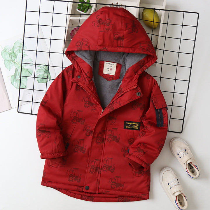 Rev Up the Fun: Tractor Print Coat-Style Jacket with Hoodie for Boys