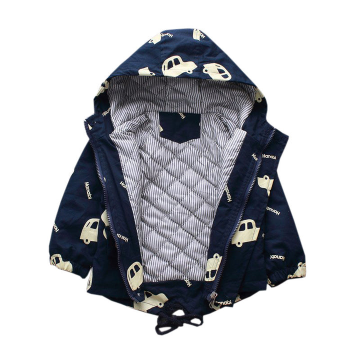 Zoom into Winter with Our Car Print Jacket for Boys with Hoodie