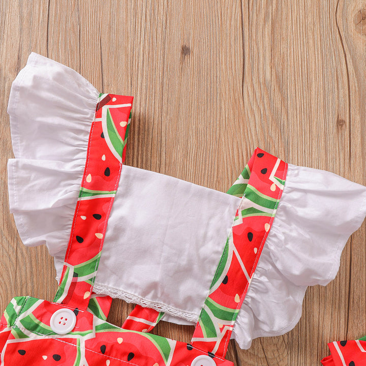 Girls Summer Ruffle Sleeves Suspender Fruit Print Onesie With Headband