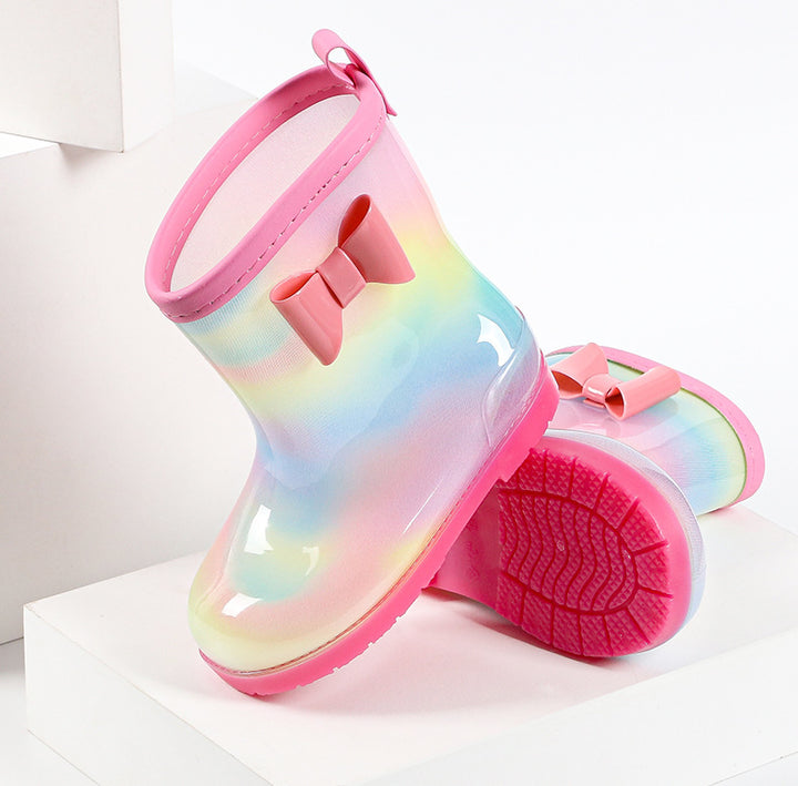 Make Rainy Days Magical with Rainbow Boots featuring Bow Applique for Baby Girls!