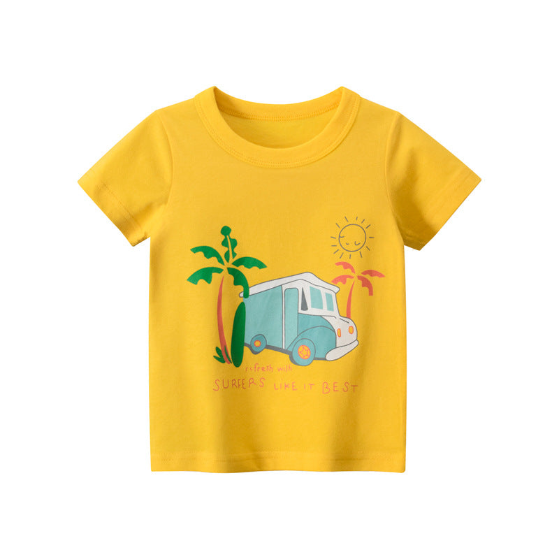 Brighten Up Summer Days with Our Cool Yellow Bus, Banana Tree, and Sun Print Tee for Kids!