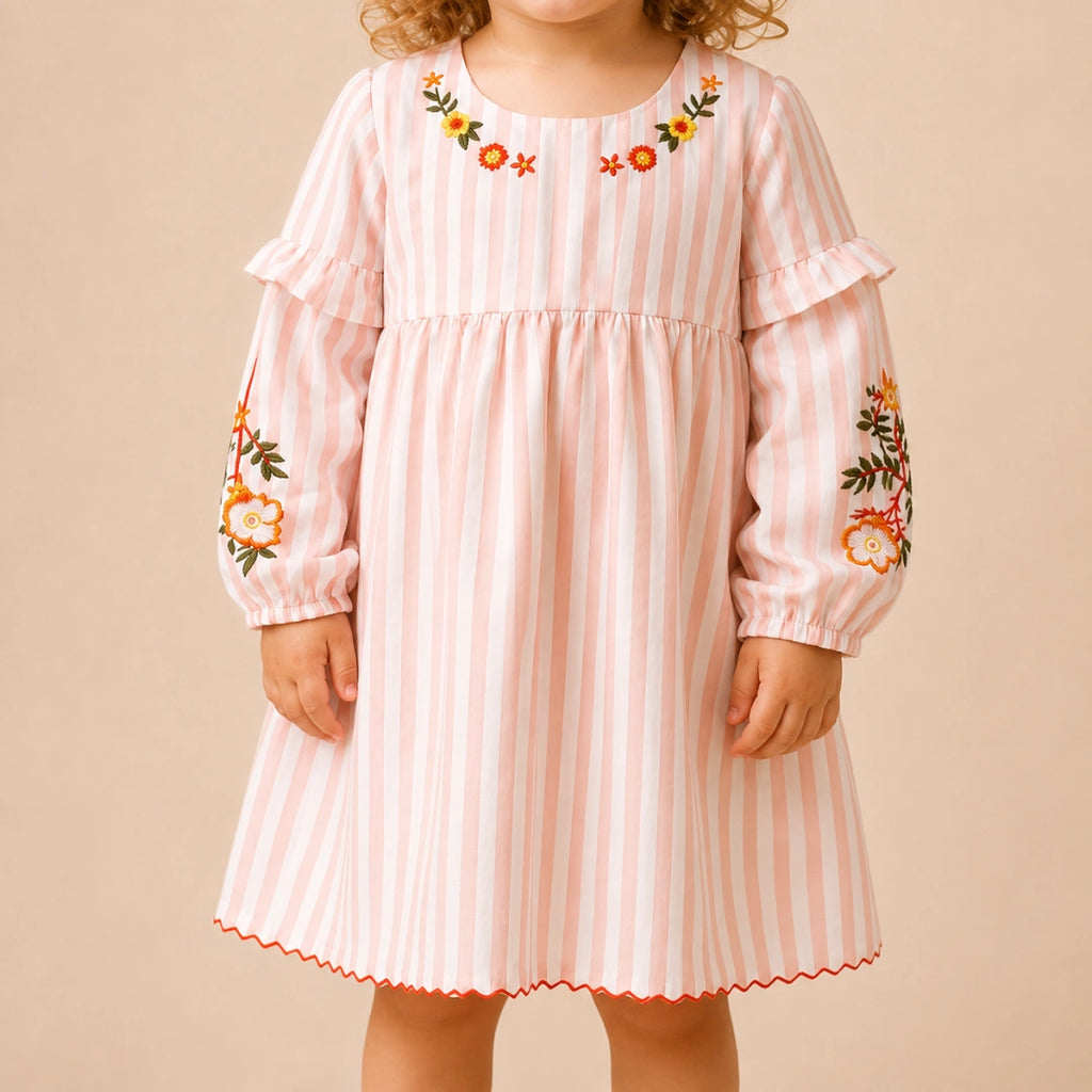 Peach Strip Embroidery Dress