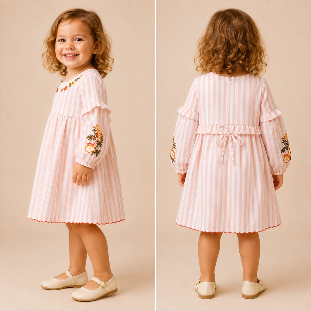 Peach Strip Embroidery Dress