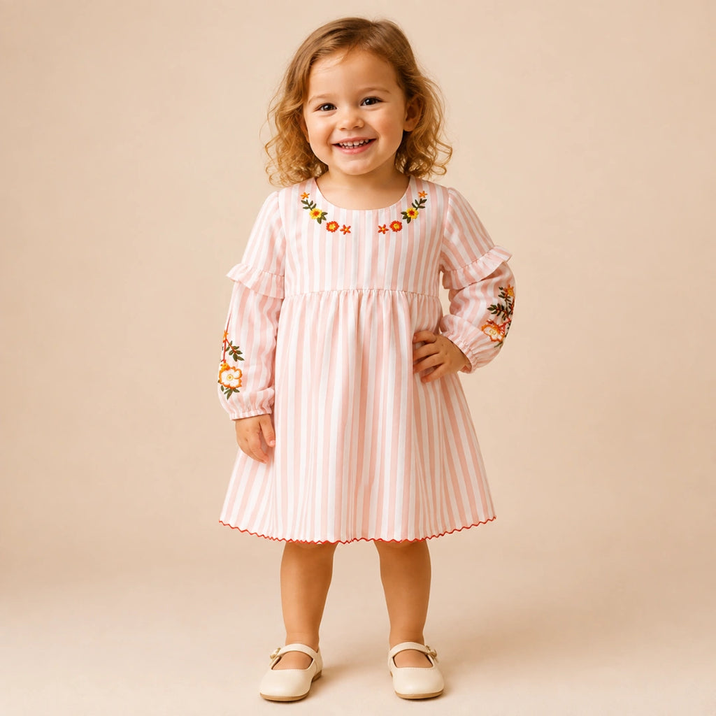 Peach Strip Embroidery Dress